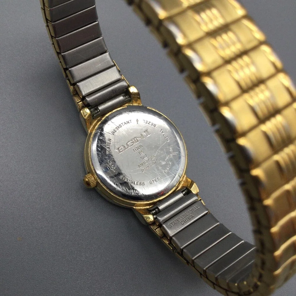 Elgin C1860 Womens Watch 25mm White Dial Gold Tone Expansion Date New Battery